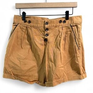 Zara Brown Button Fly Shorts Womens 2 High Waist Pleated Cuffed Twill
